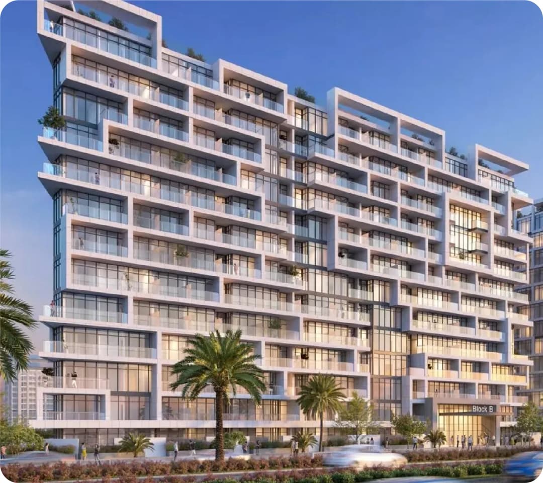 Modern white high-rise building with balconies