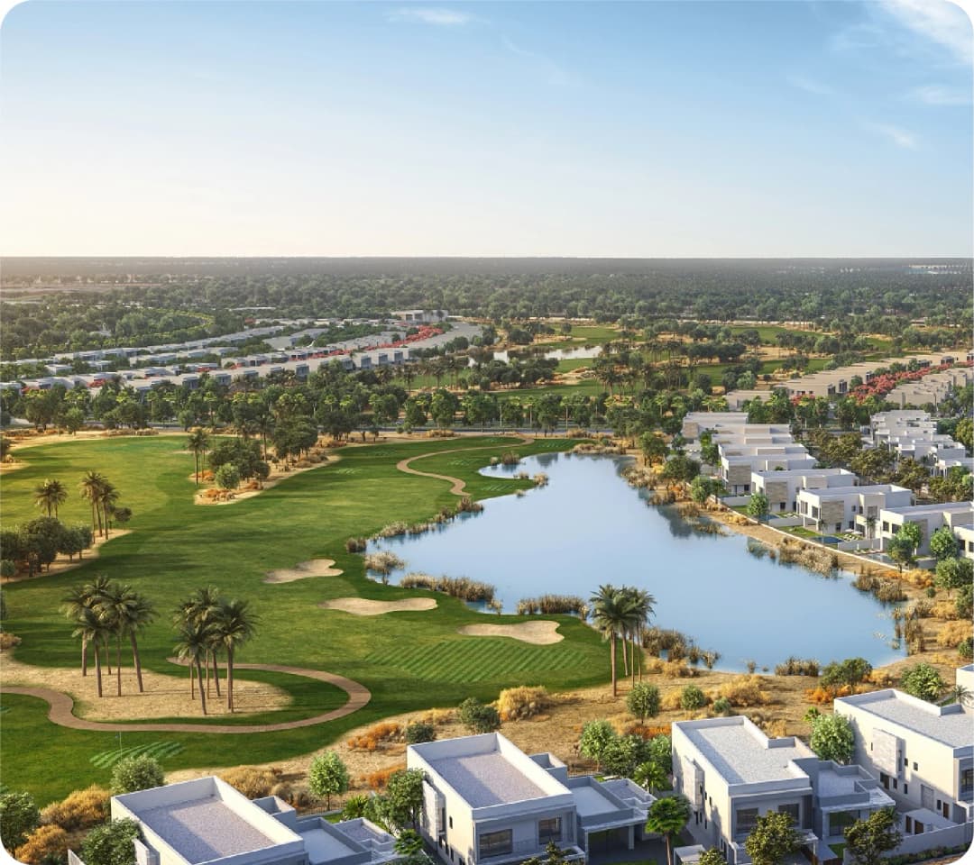 Aerial view of golf course and residential area