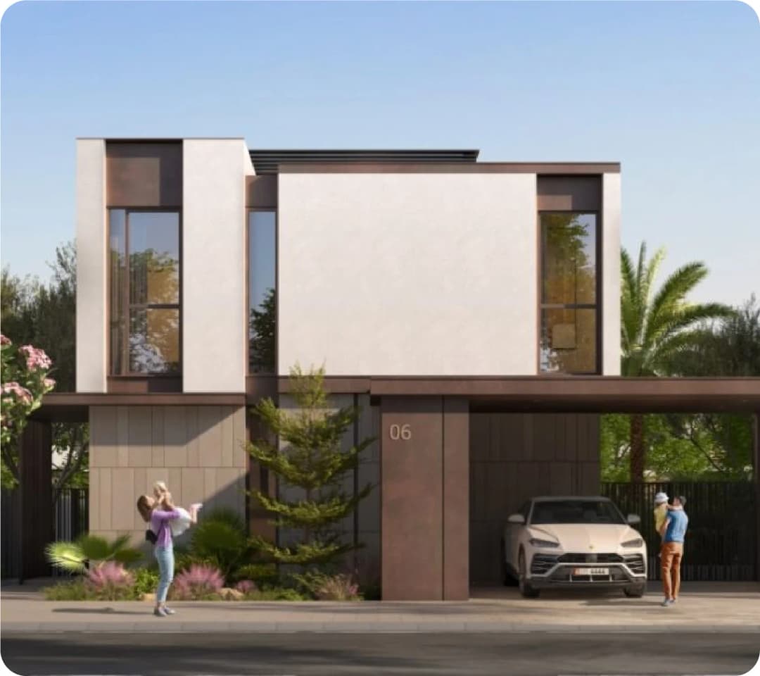 Modern villa exterior with car and people