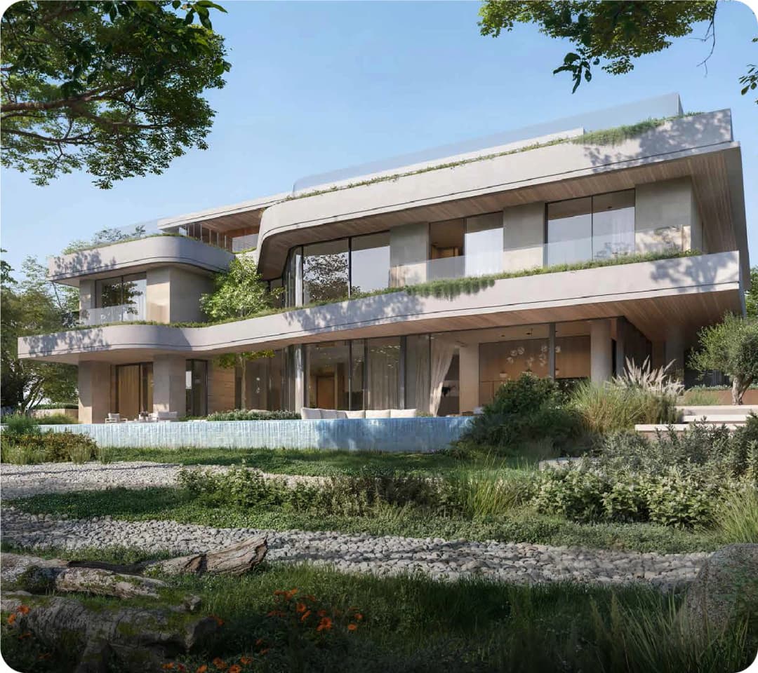 Modern villa with lush greenery and a serene landscape