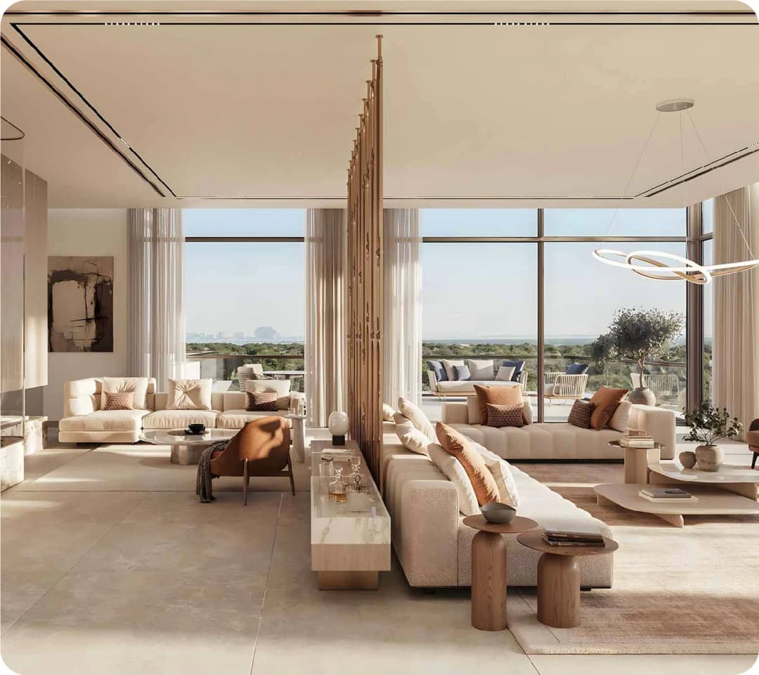 A bright, modern living room with large windows and neutral tones