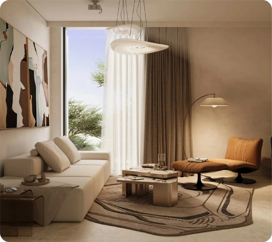 A cozy, modern living room with neutral colors and soft lighting