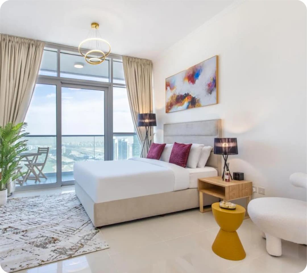 Modern bedroom with a scenic view and minimalist decor