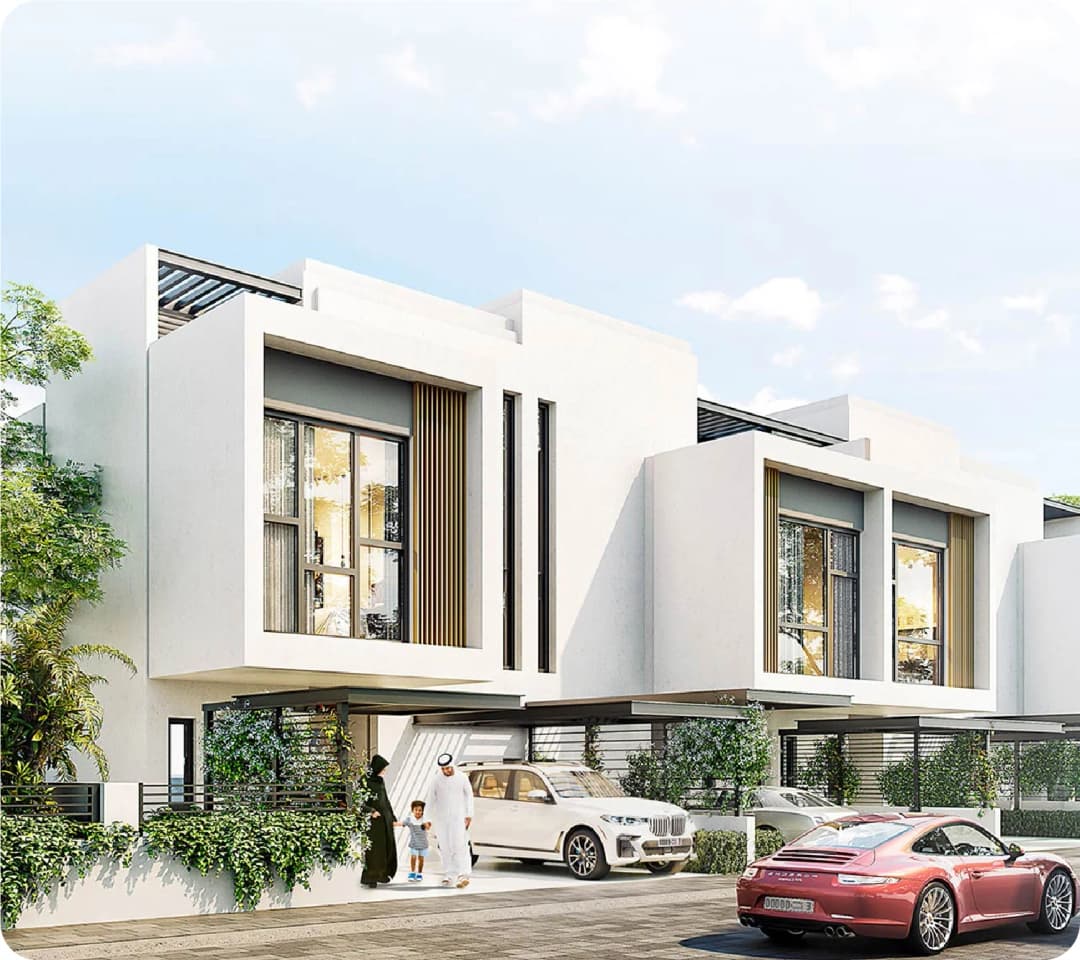 Modern villa with family and luxury cars