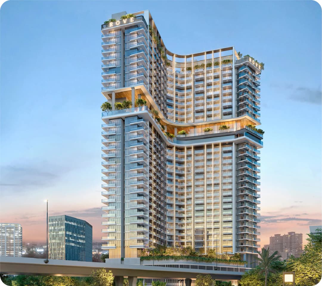 Modern high-rise building with greenery on balconies