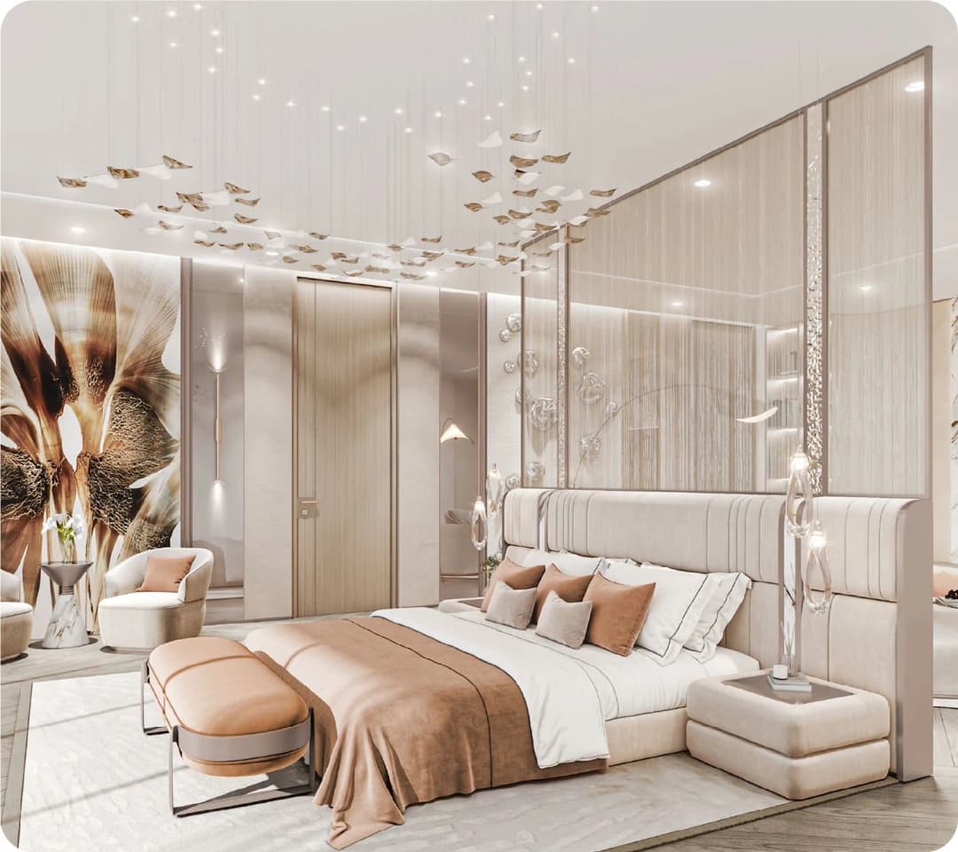 Elegant modern bedroom with soft neutral tones and artistic ceiling lights