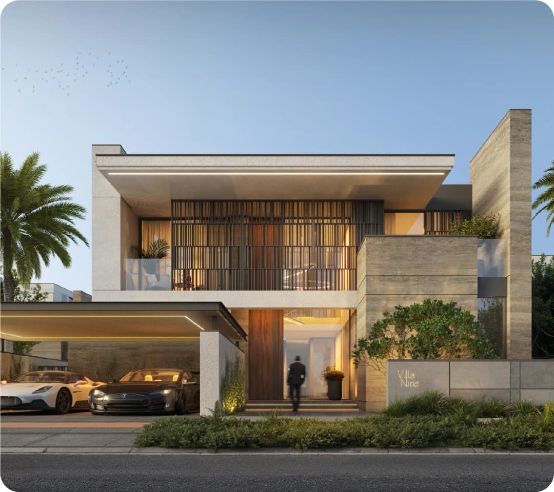 Modern villa with sleek design and luxury cars in the driveway