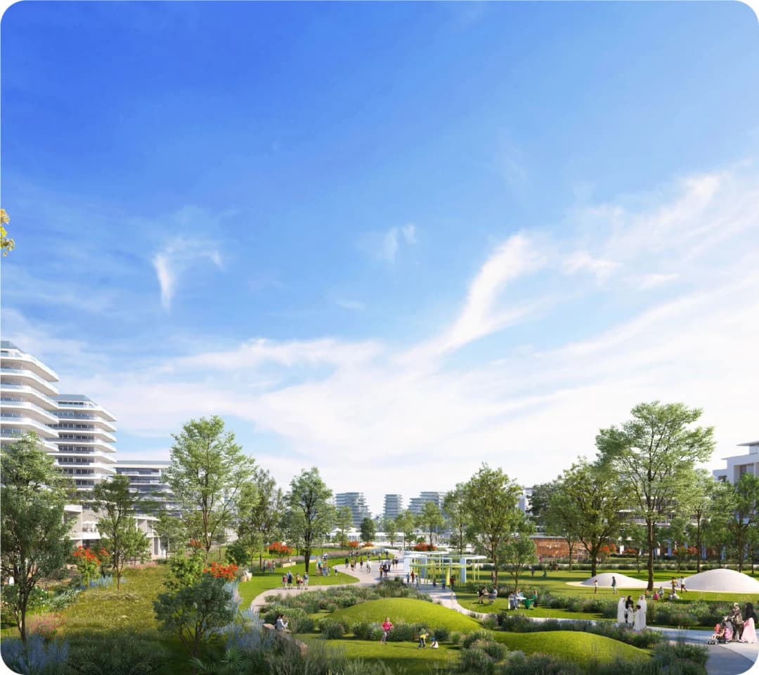 Vibrant community park with greenery and people enjoying