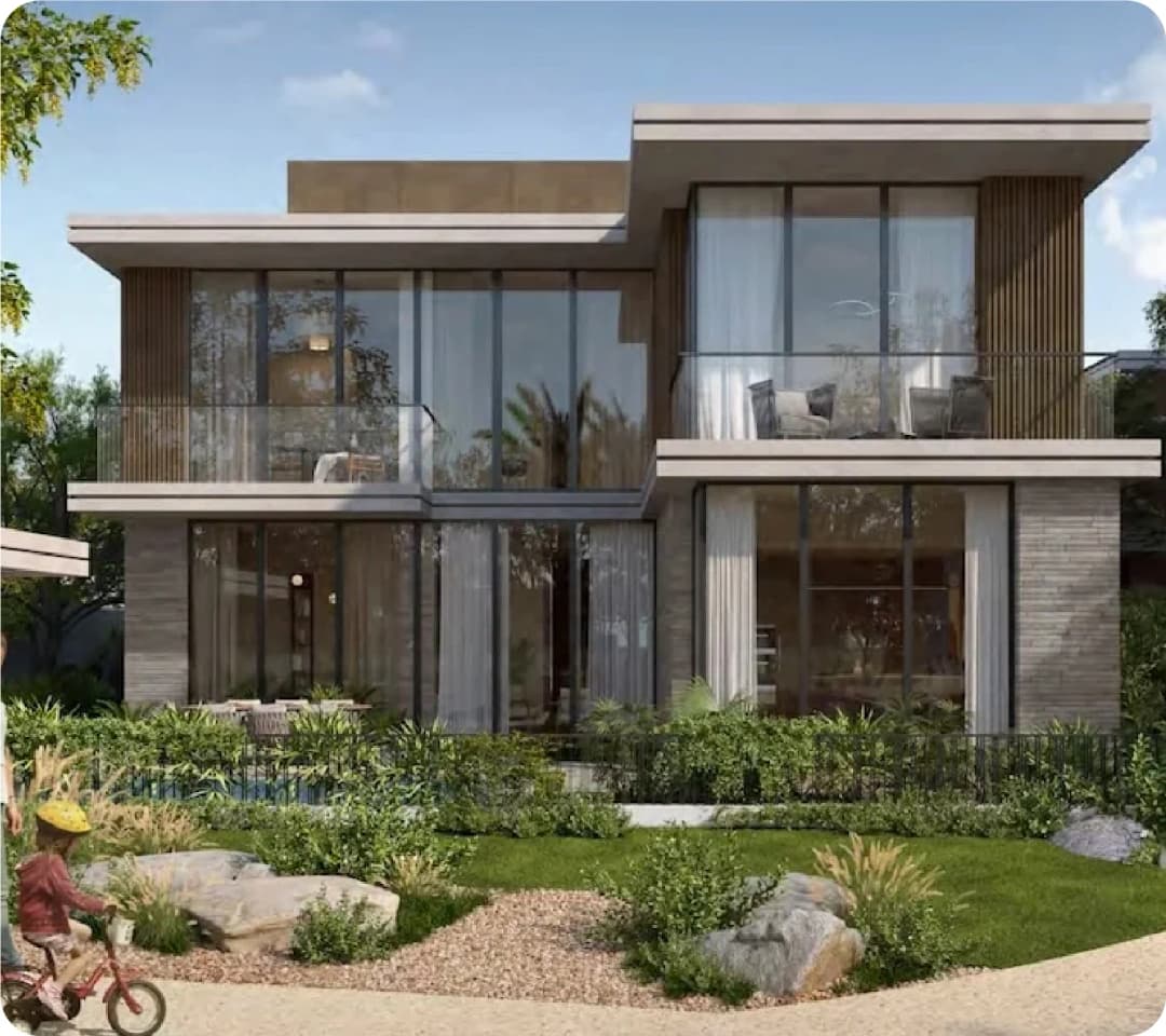 Modern house with garden and family