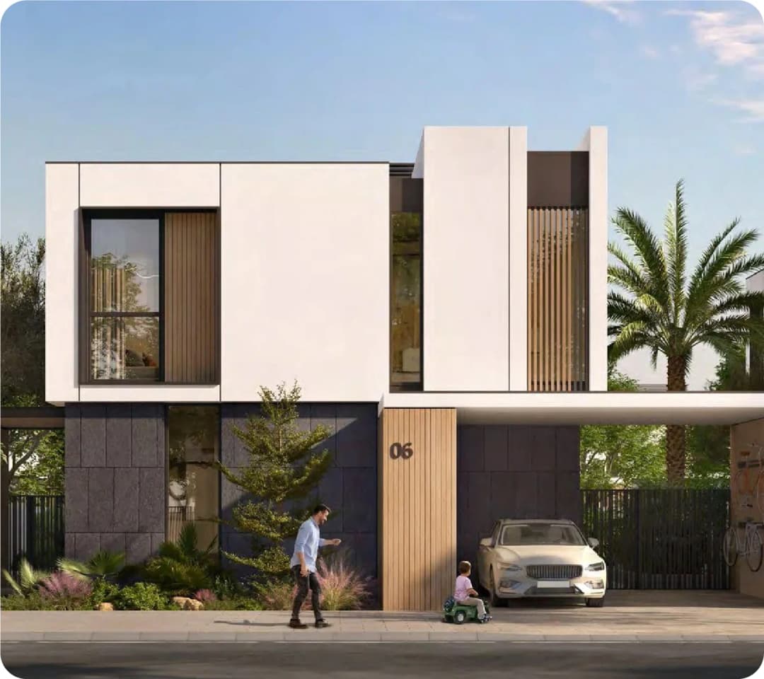 Modern villa with white car, man, and child