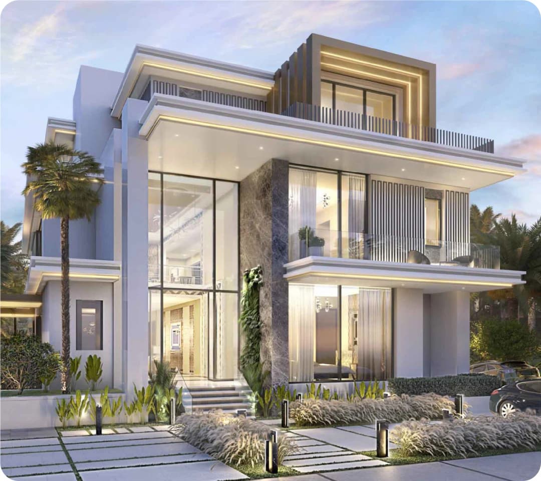 Aerial view of DAMAC Island with villas and water lagoons