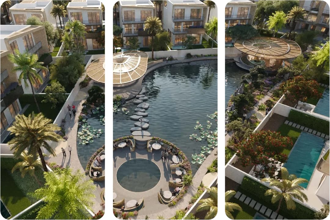 Scenic water garden with villas, walking paths, and greenery