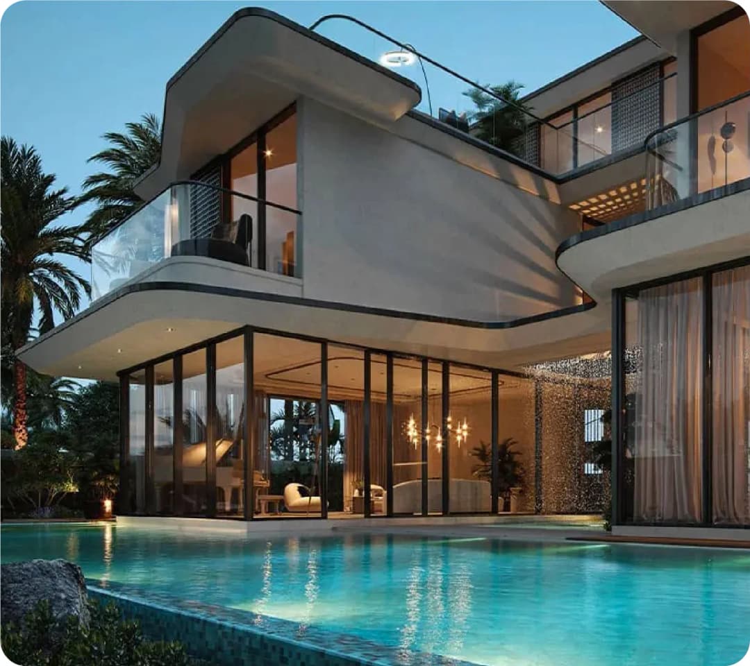 Modern villa with pool, glass walls, and tropical setting