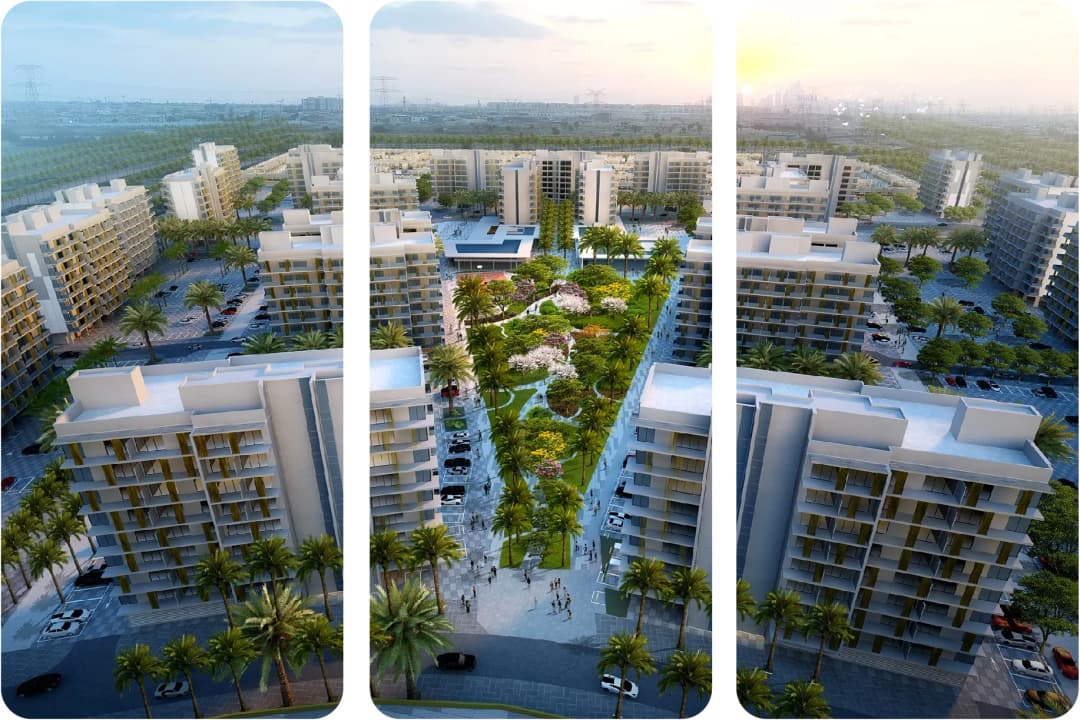Aerial view of residential complex with green spaces