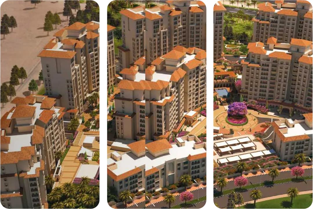 Aerial view of modern residential buildings with vibrant landscaping