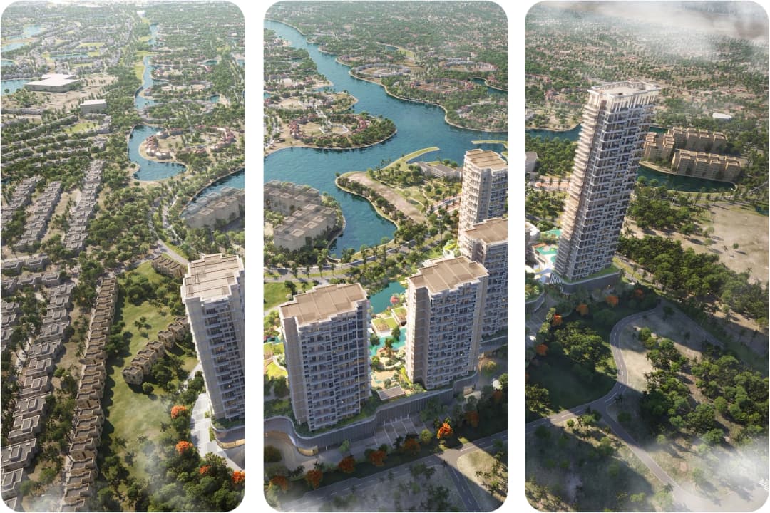 Aerial view of luxurious residential towers by the river