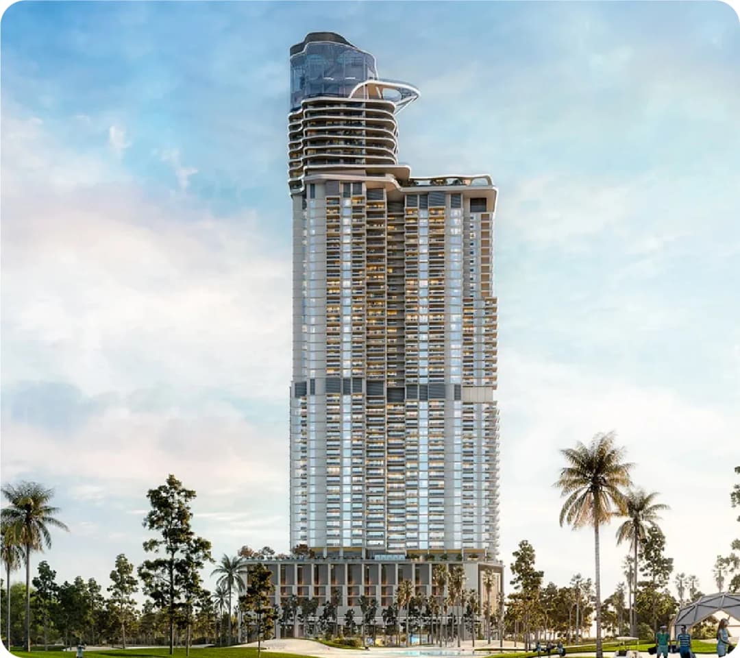 Modern skyscraper with glass design and greenery
