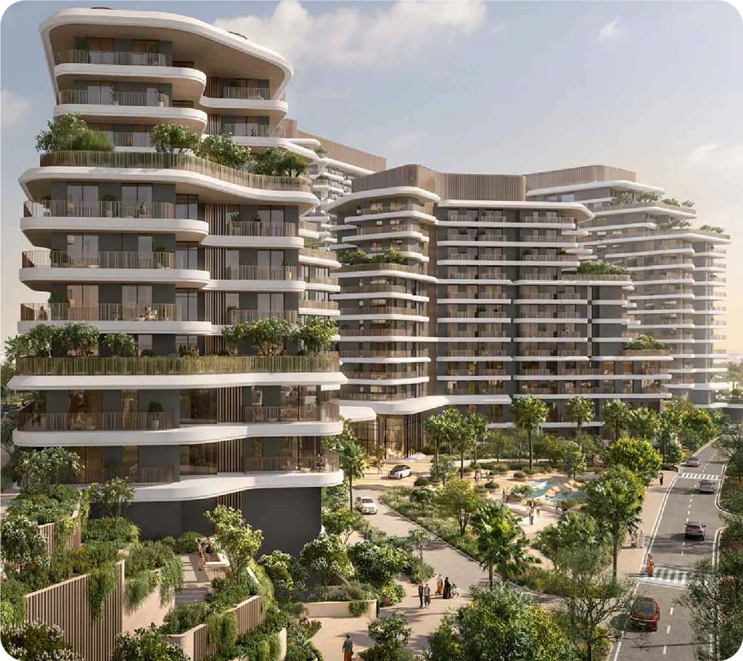 Modern apartment complex with curved architecture and green spaces