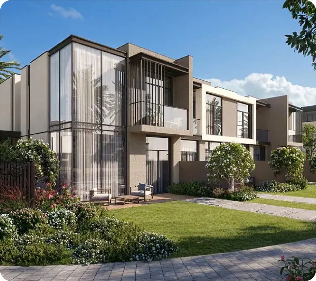 Modern duplex villa with large windows and landscaped garden