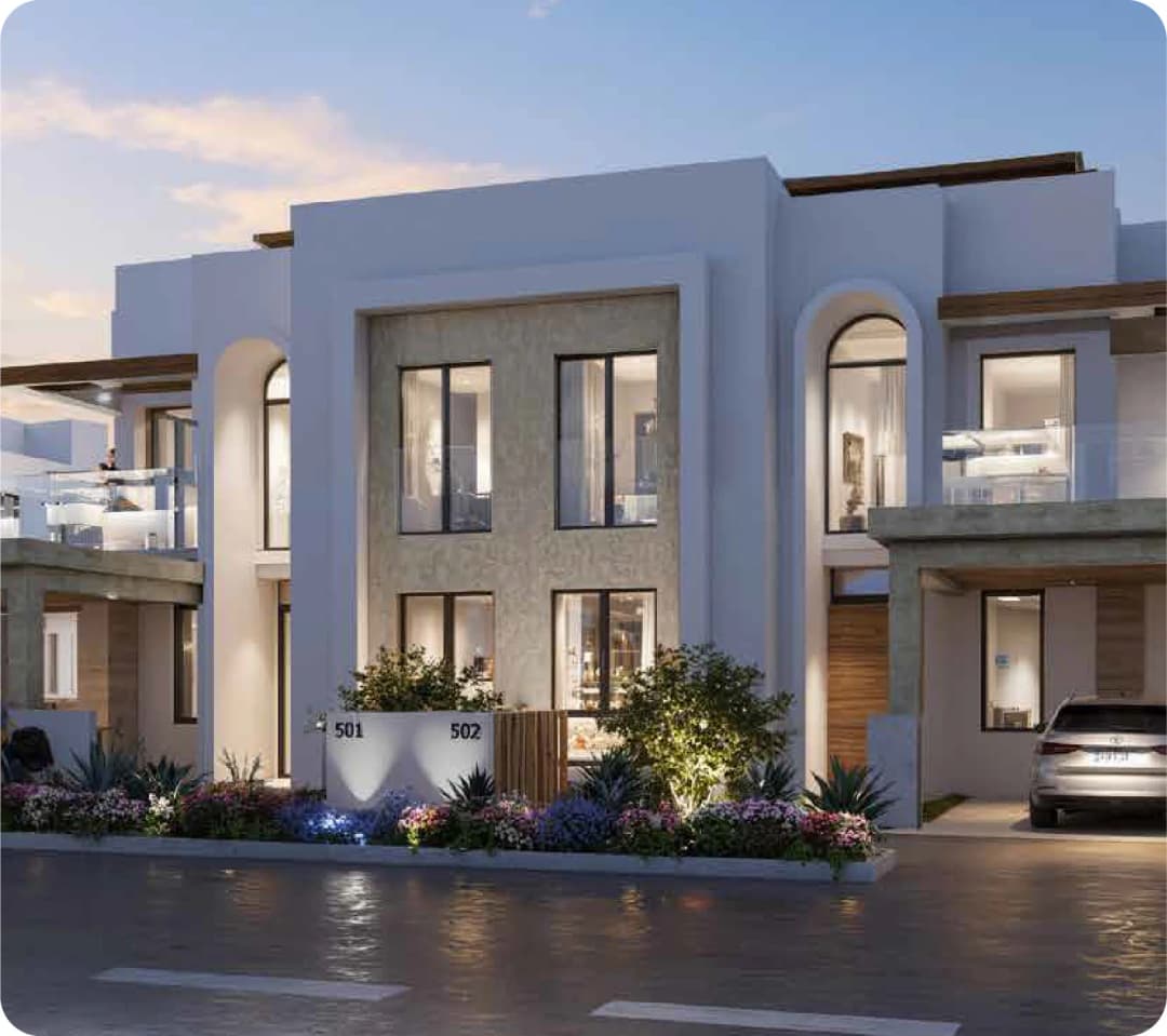 Modern duplex house exterior with car and garden