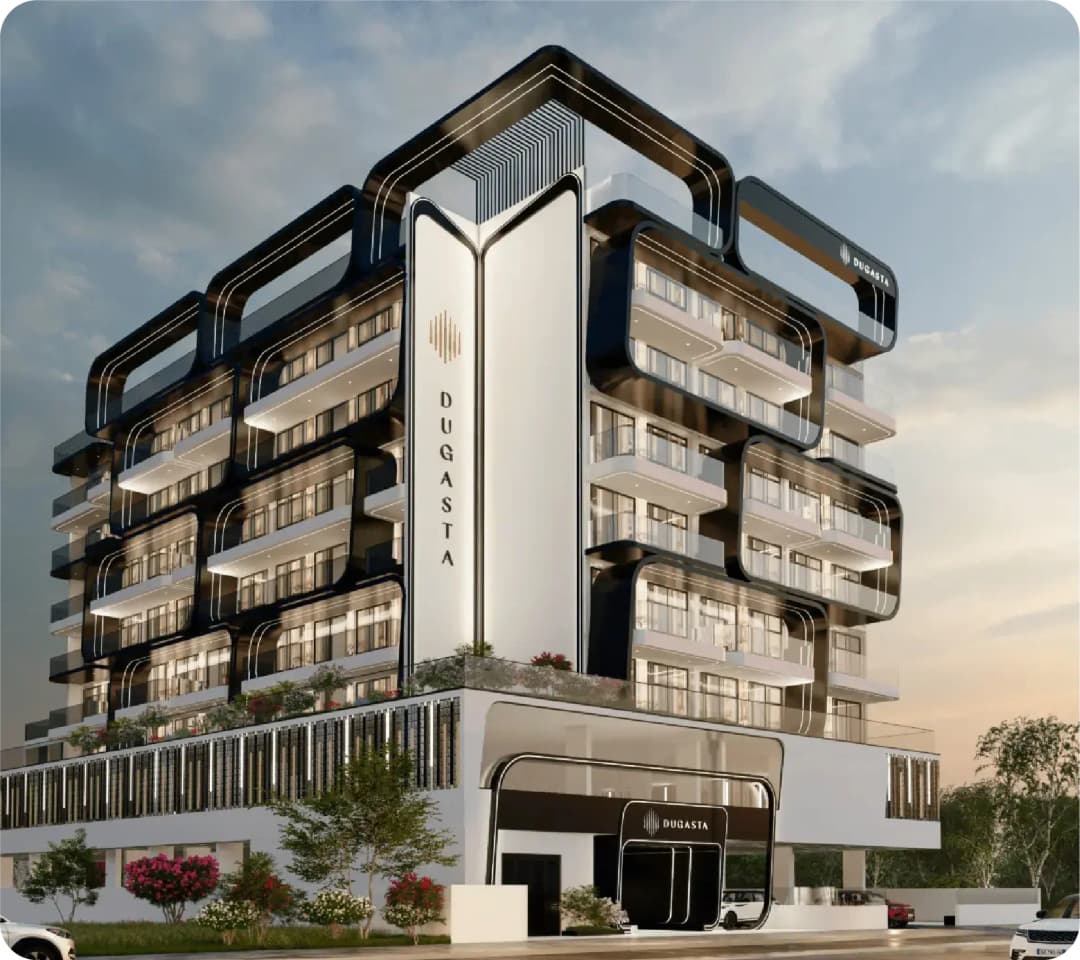 Modern building design with Dugasta branding
