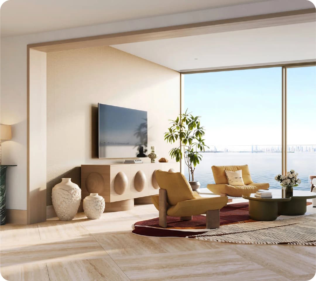 Modern living room with stylish furniture and sea view
