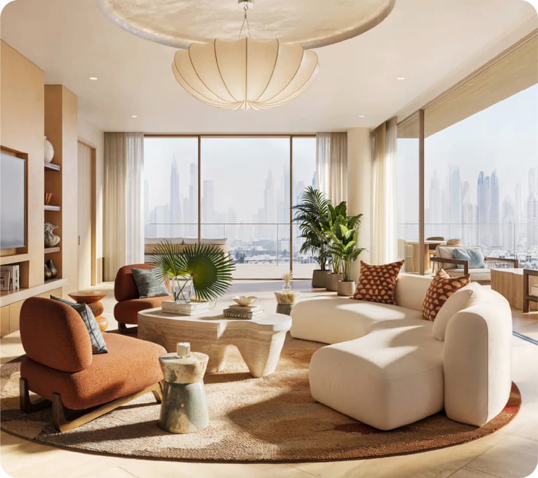Modern living room with city view and cozy seating