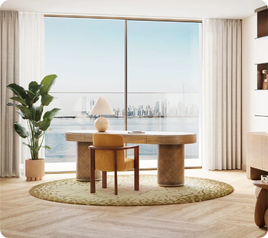 Modern office with city view, circular rug, and plant