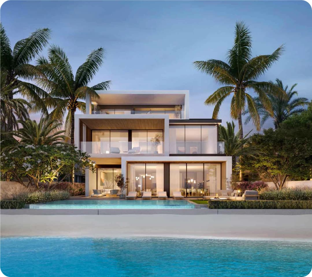 Aerial view of a beachfront villa with an infinity pool