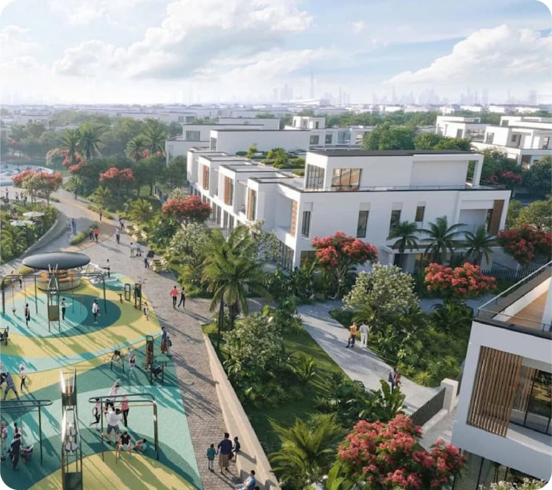 Aerial view of a residential community with greenery