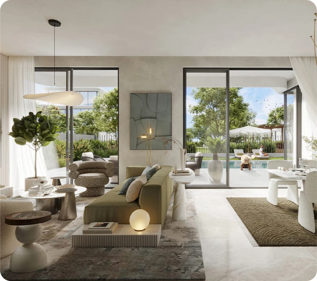 Balcony view of residential building with lush garden and pool