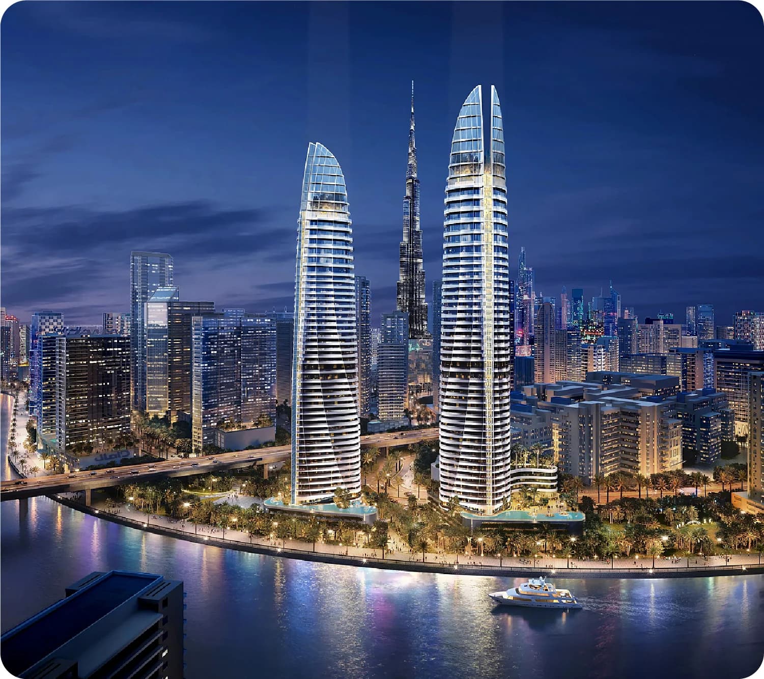 Dubai cityscape at night with Burj Khalifa view