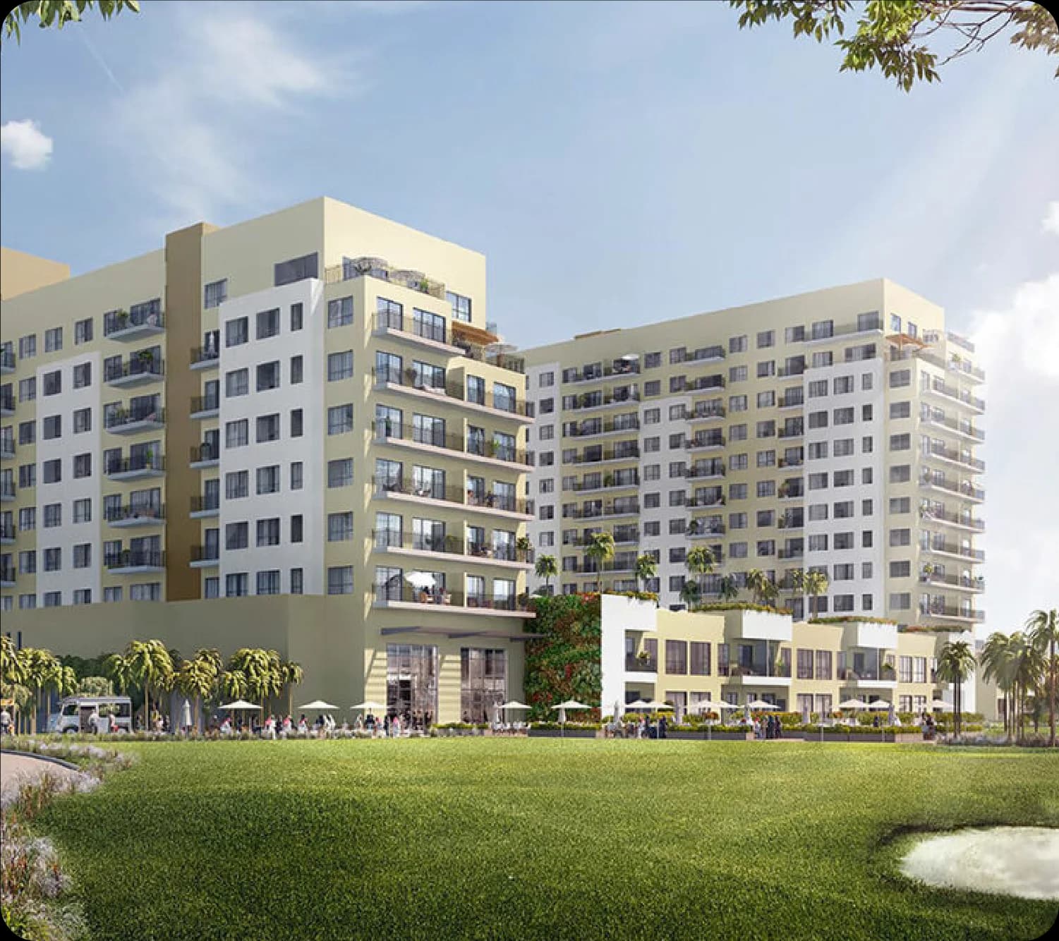 Modern apartments beside a green golf course in Dubai
