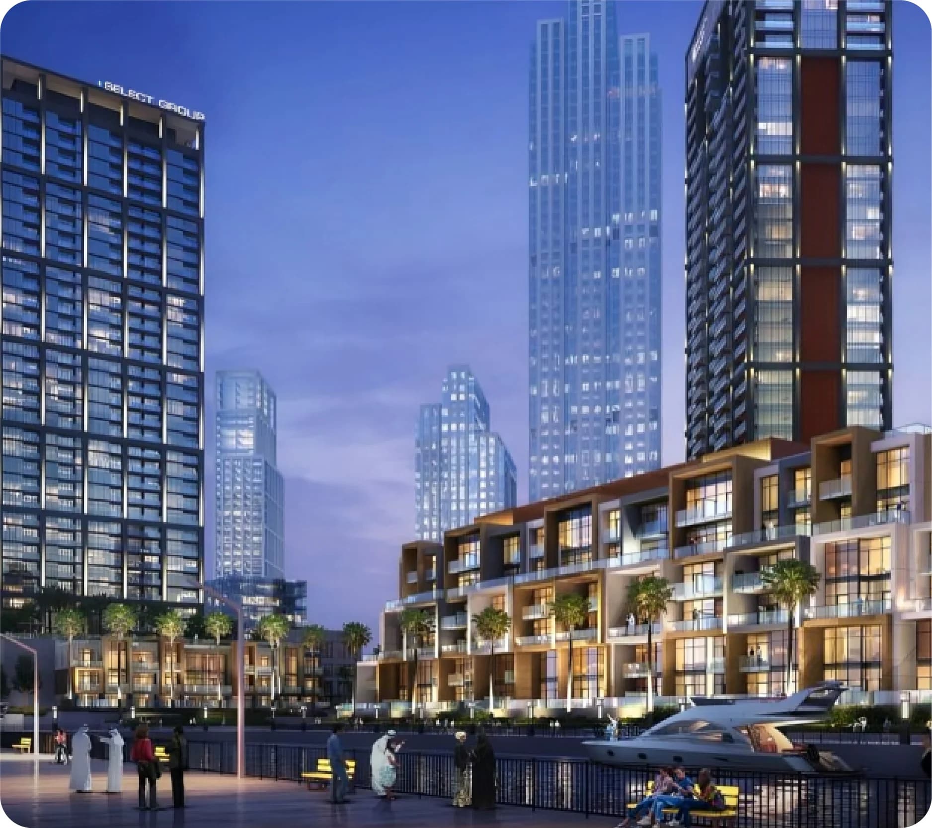 Luxury duplexes by the water in Downtown Dubai at night