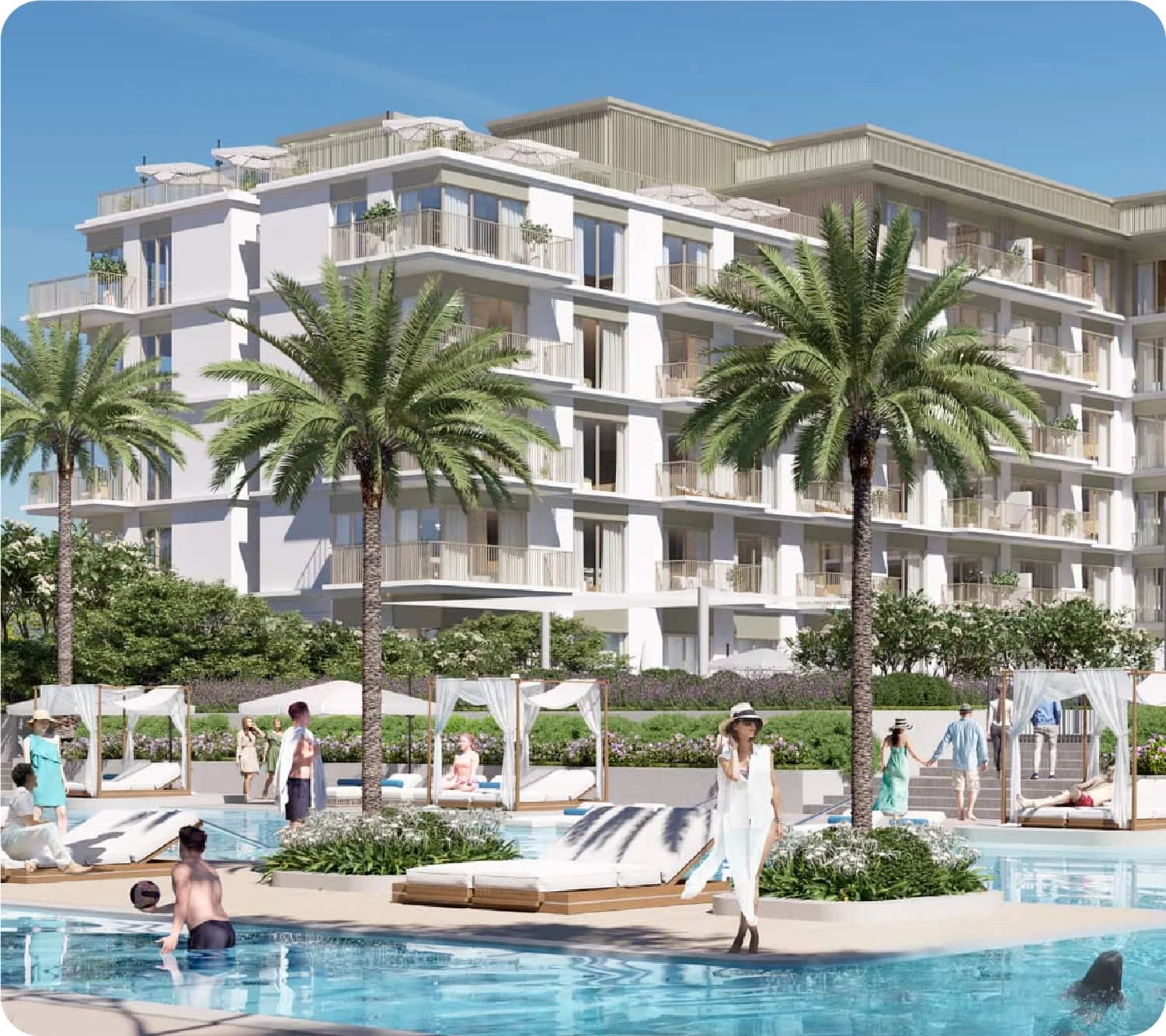 Sunridge by Emaar: White buildings, pool, palm trees