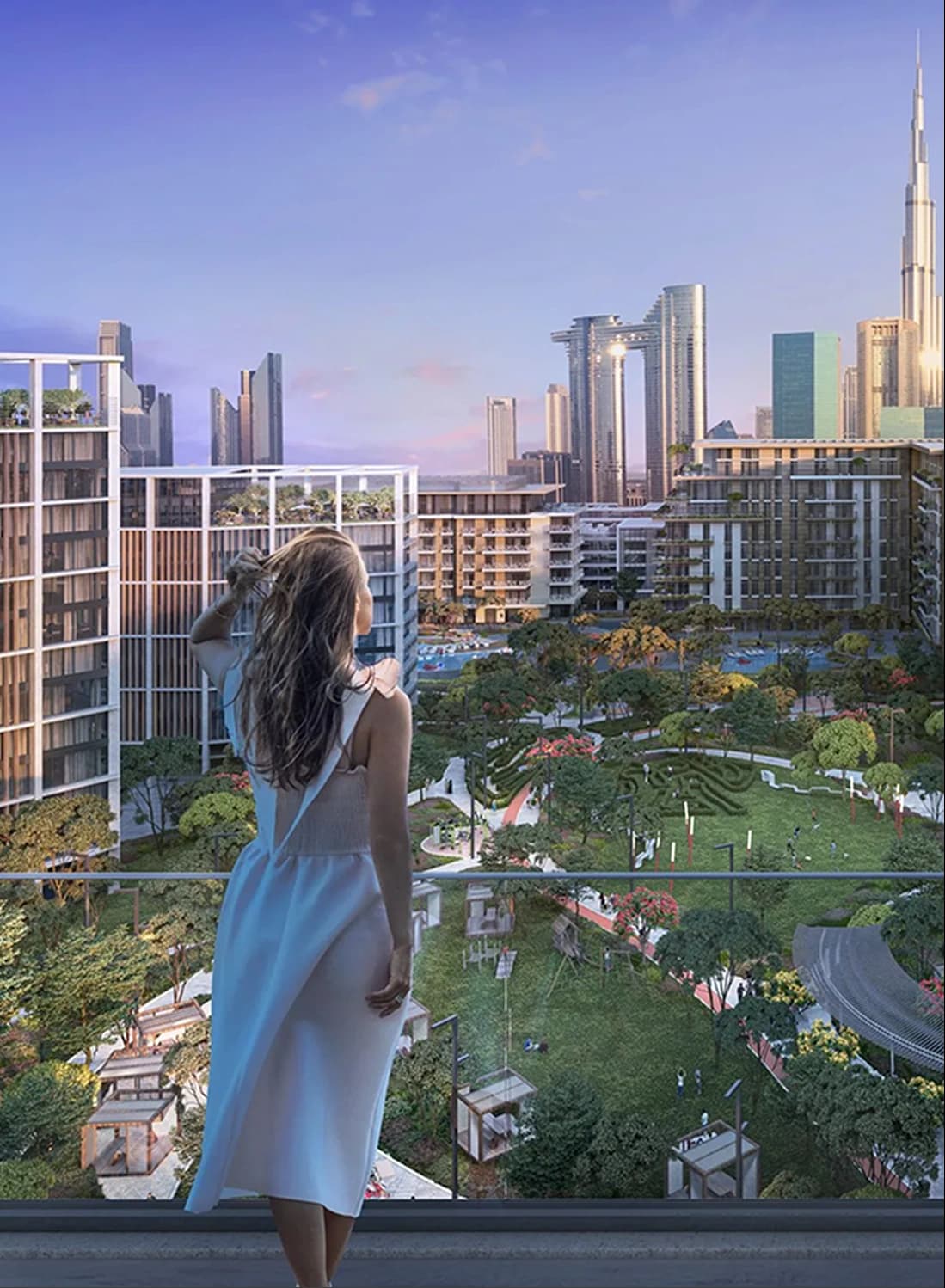 A woman gazing at the cityscape from a balcony