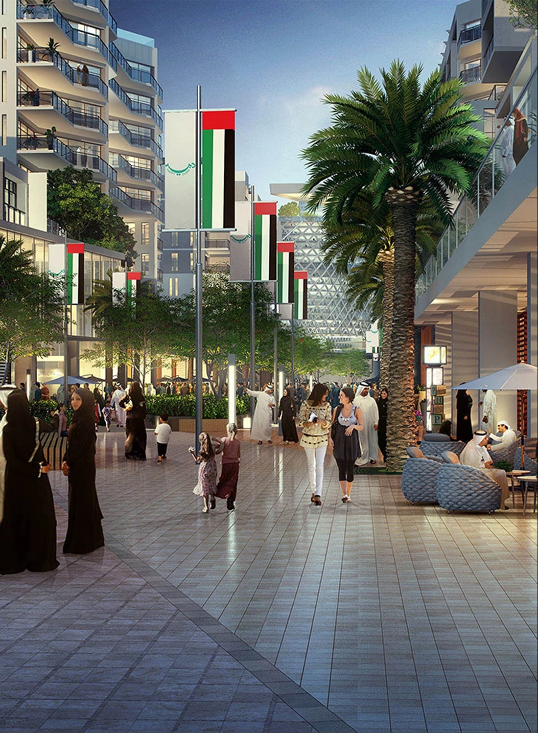 Street view of a city with UAE flags and palm trees