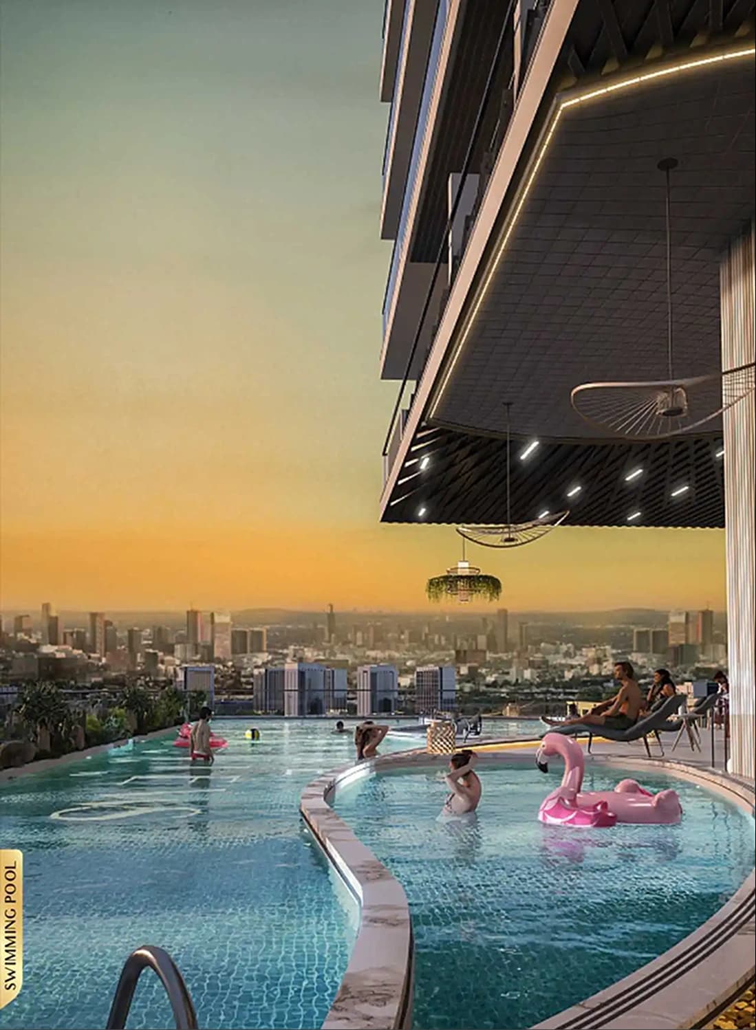 Swimming pool on the rooftop with stunning city views at sunset