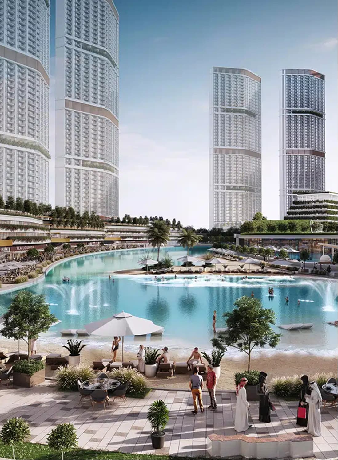 Luxurious complex with skyscrapers, lagoon, and visitors
