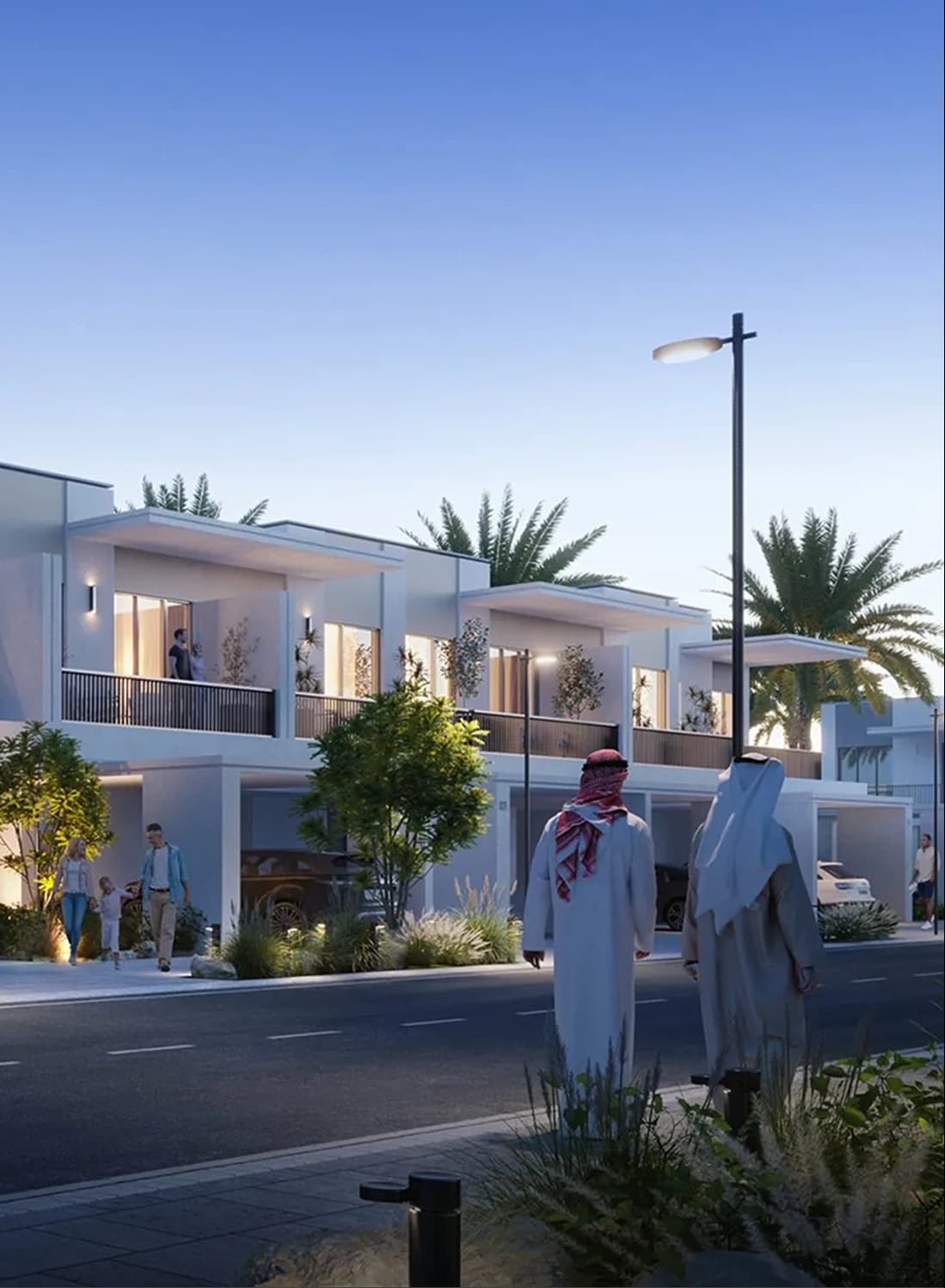 Family walk in palm-lined modern neighborhood