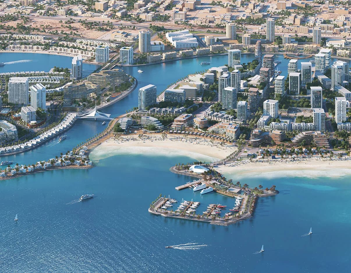 Residential area with luxury villas, waterfront views, and scenery