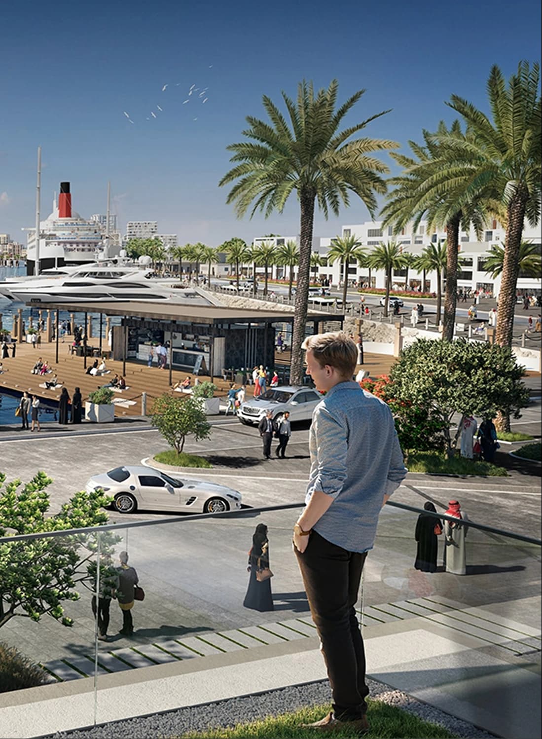 Person overlooking a waterfront area with luxurious yachts and palm trees