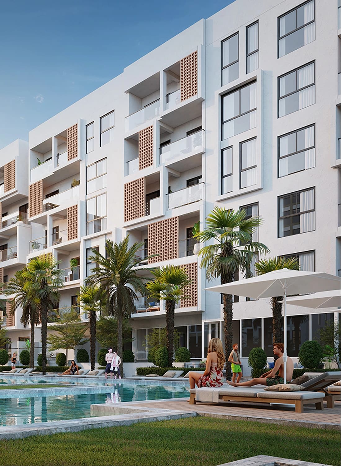 Poolside area with palm trees and people lounging