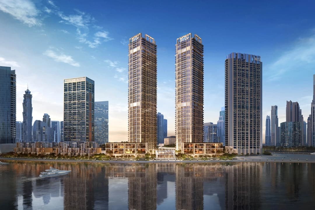 Luxury poolside view with skyscrapers in the background