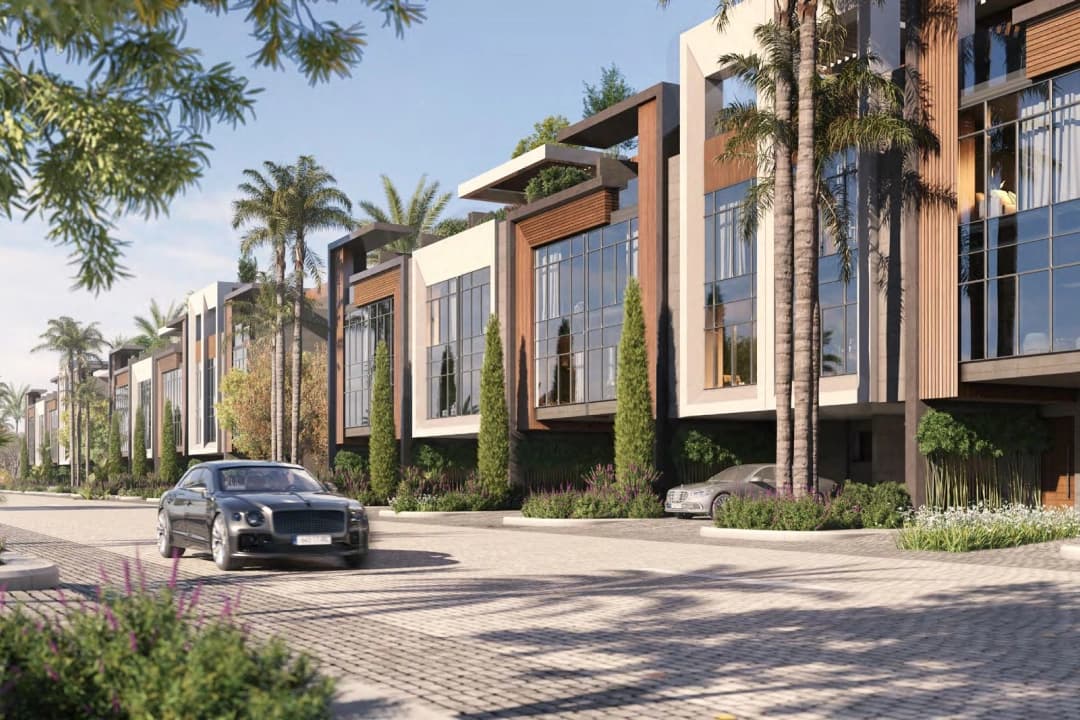 Luxury townhouses with palm trees and sleek cars on cobblestone