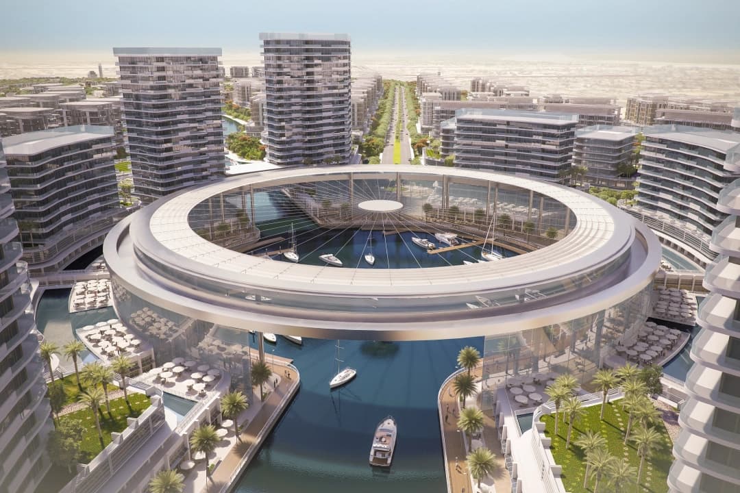Aerial view of modern buildings and marina design