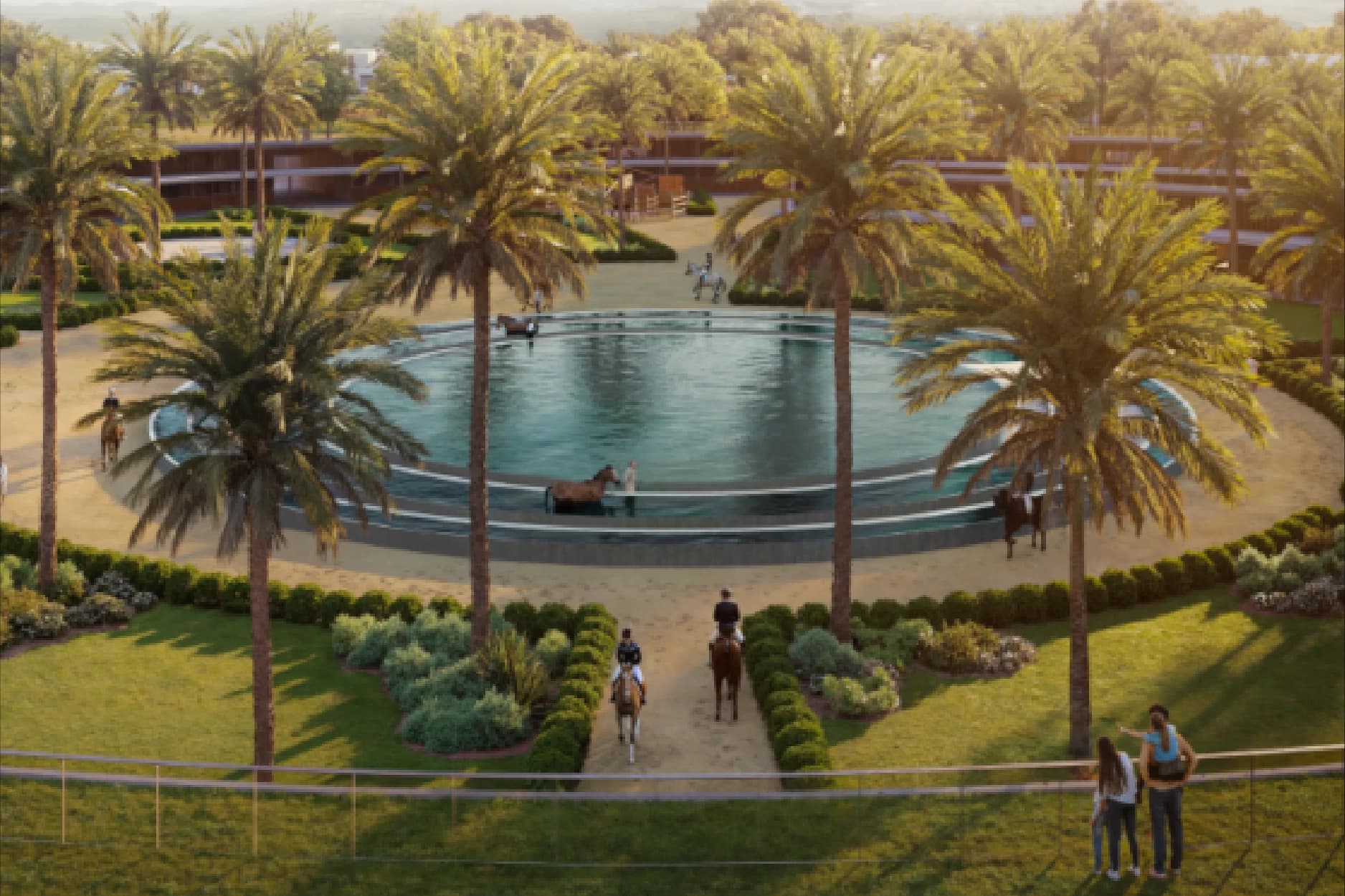 Horses in a round pool, palm trees, and people
