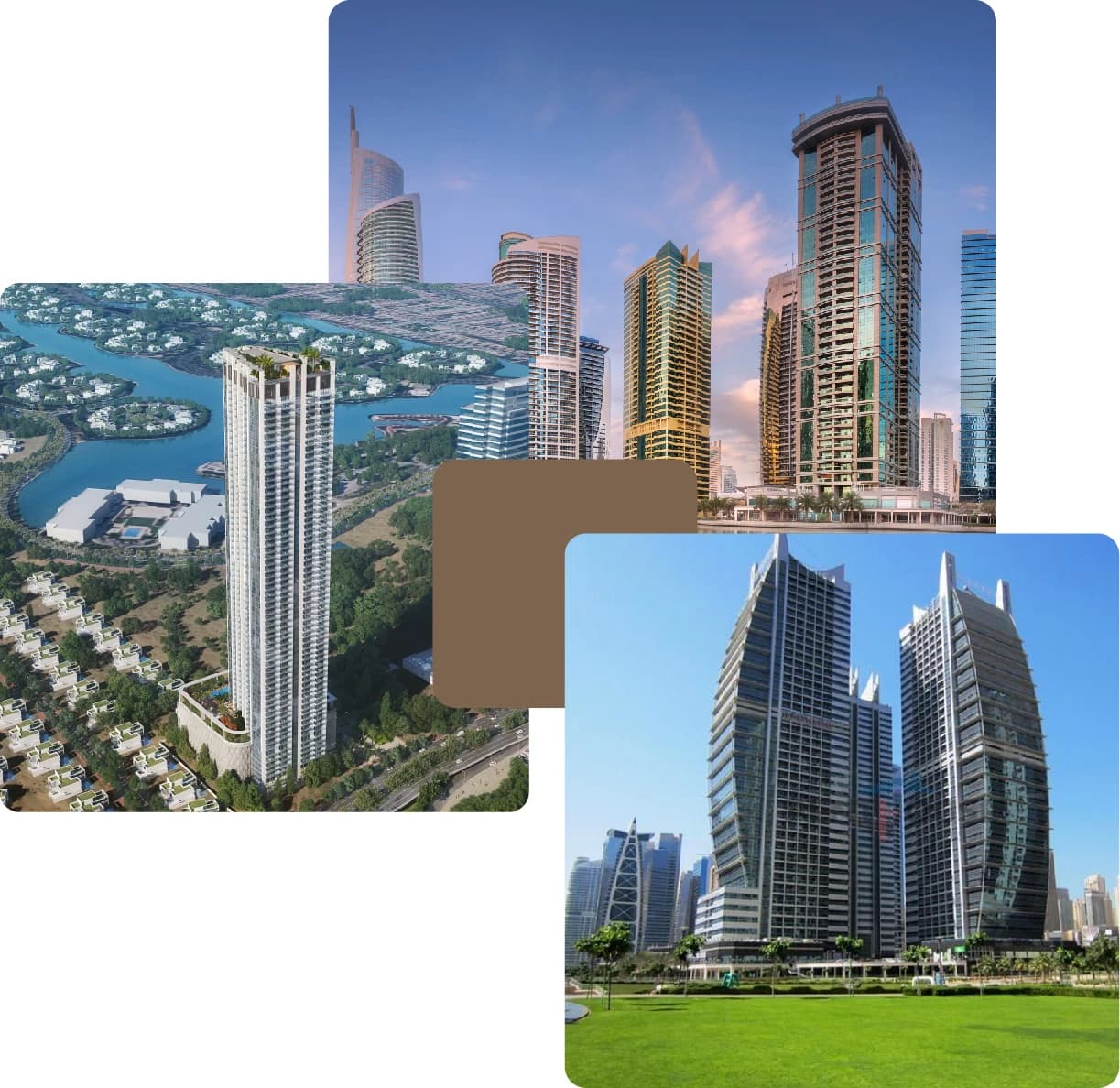 Tall modern towers with scenic green surroundings