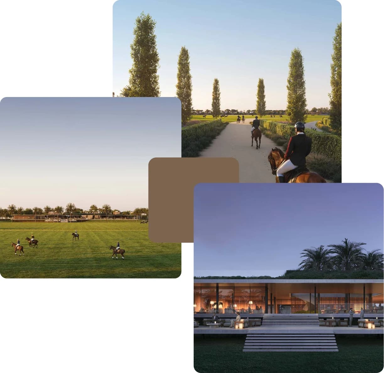 Horseback riders on trails and sunset polo clubhouse