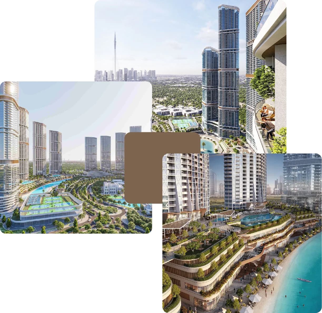 Tall luxury towers with pools and curved balconies